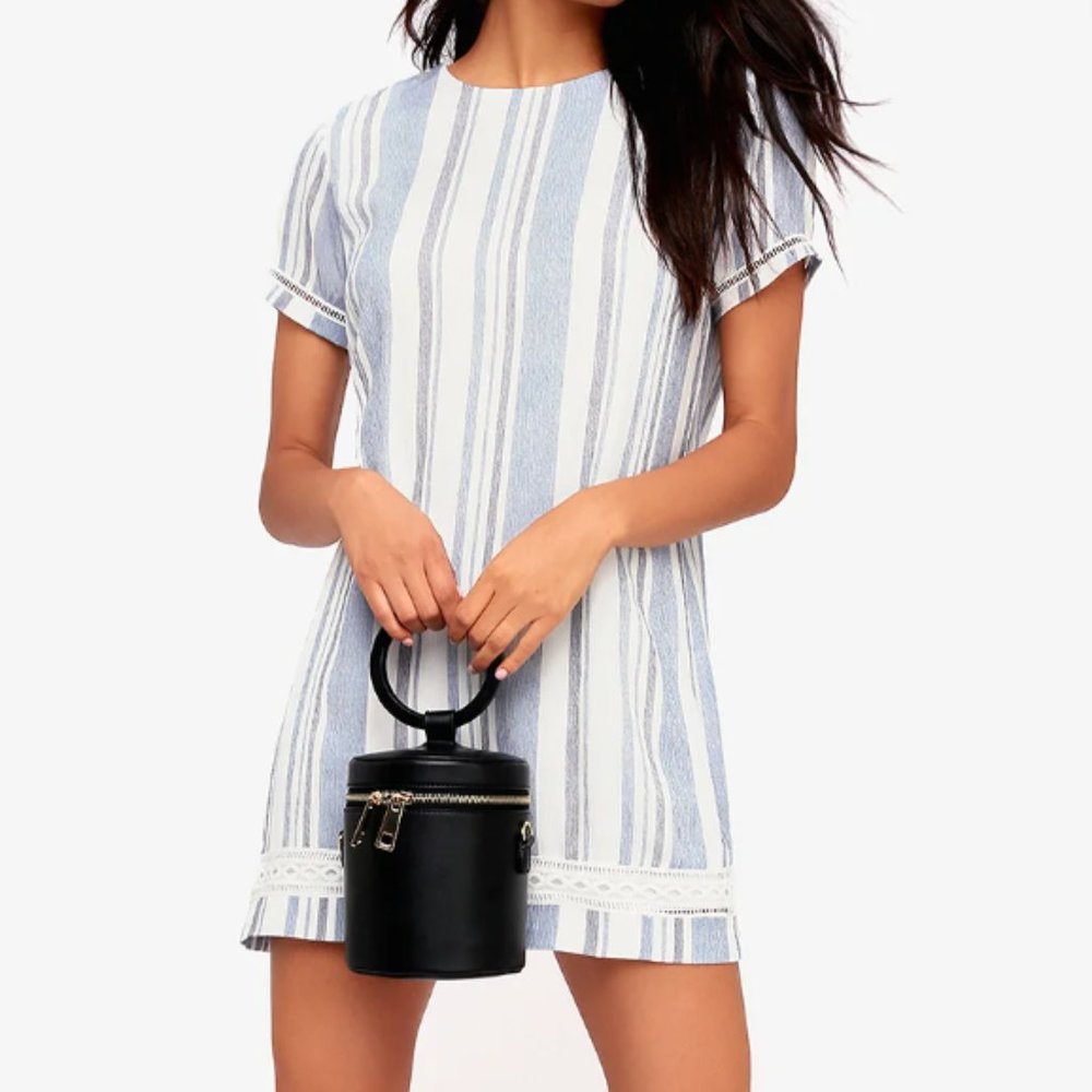 Lulu's Ardell Blue and White Striped Embroidered Shift Dress